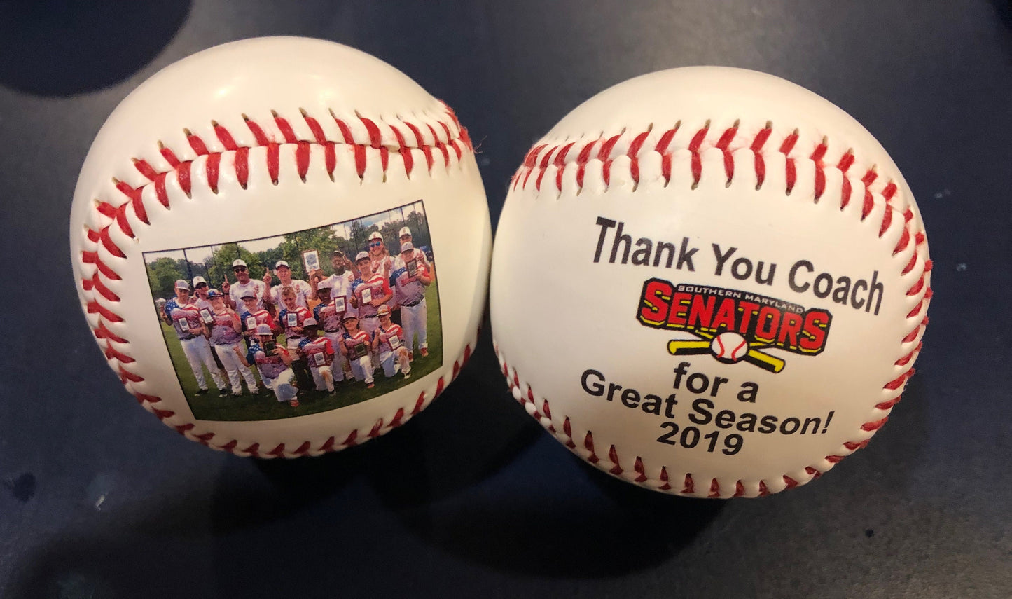 Custom Made Personalized 2 Sided Print Baseballs for Coaches' Gifts, Baseball Gifts, Senior Gifts, Sponsor Gifts and Team Awards. Print on the Front and Back