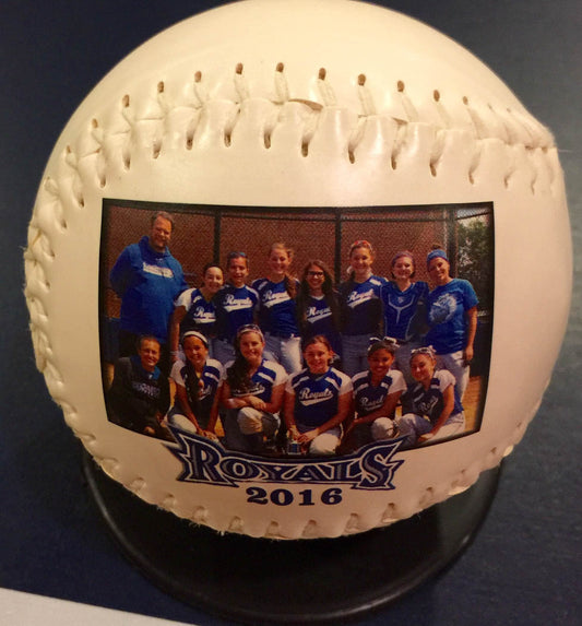 Custom Made, White and Yellow Personalized Softballs for Coaches' Gift, Softball Gifts, Senior Gifts and Sports Gifts. Print on the Front.