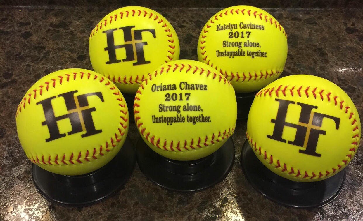 Unique 2 Prints Sides White and Yellow Softball Gifts for Coaches Players and Fans. Personalized on the Front and Back.